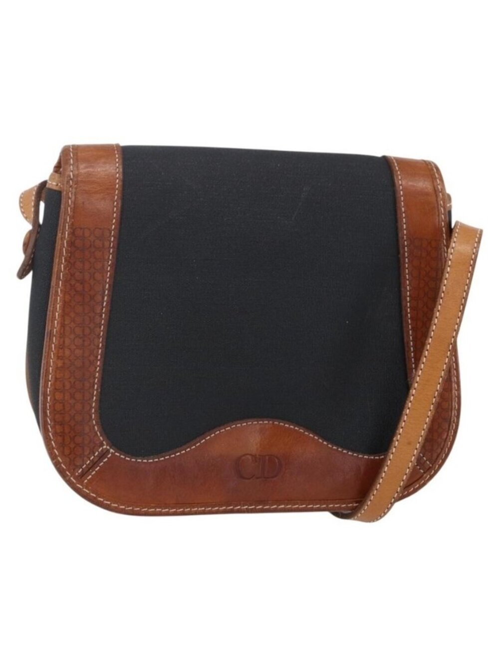 Authentic Christian Dior Shoulder Bag Nylon Leather Black Brown gold